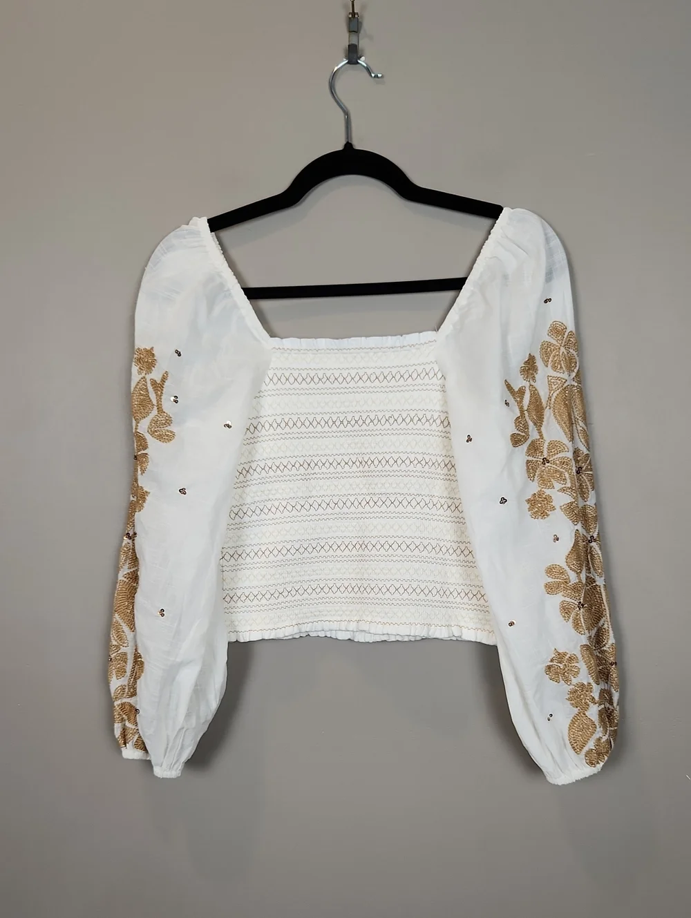 By Anthropologie‎ Smocked Embroidered Square-Neck Blouse Size XS